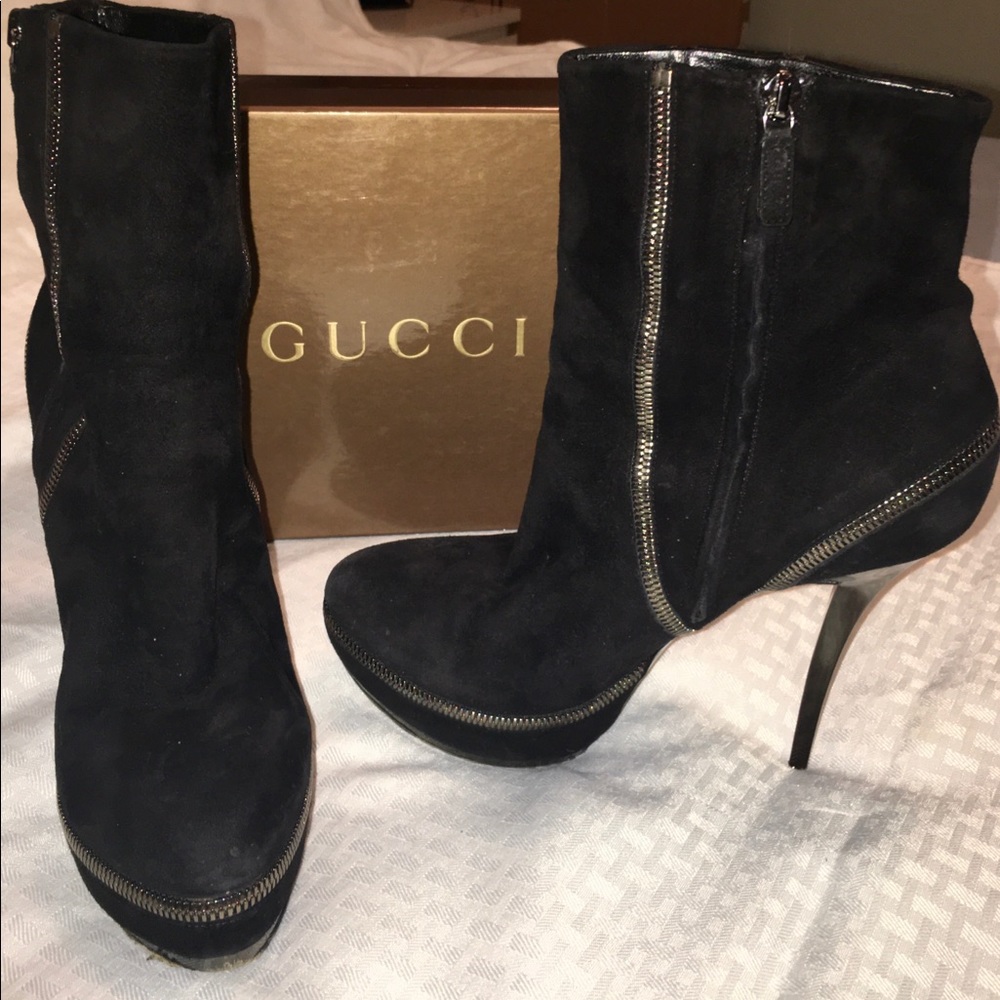 GUCCI Pixies Black Suede Platform Stiletto Heels Ankle Boots Size 39 = US 8.5-9